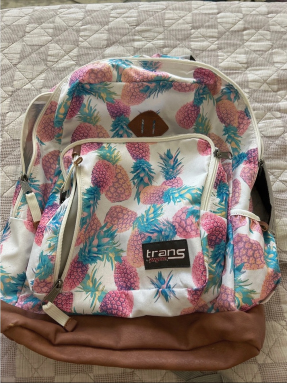 Jansport White Backpack with Pink and Teal Pineapple Print